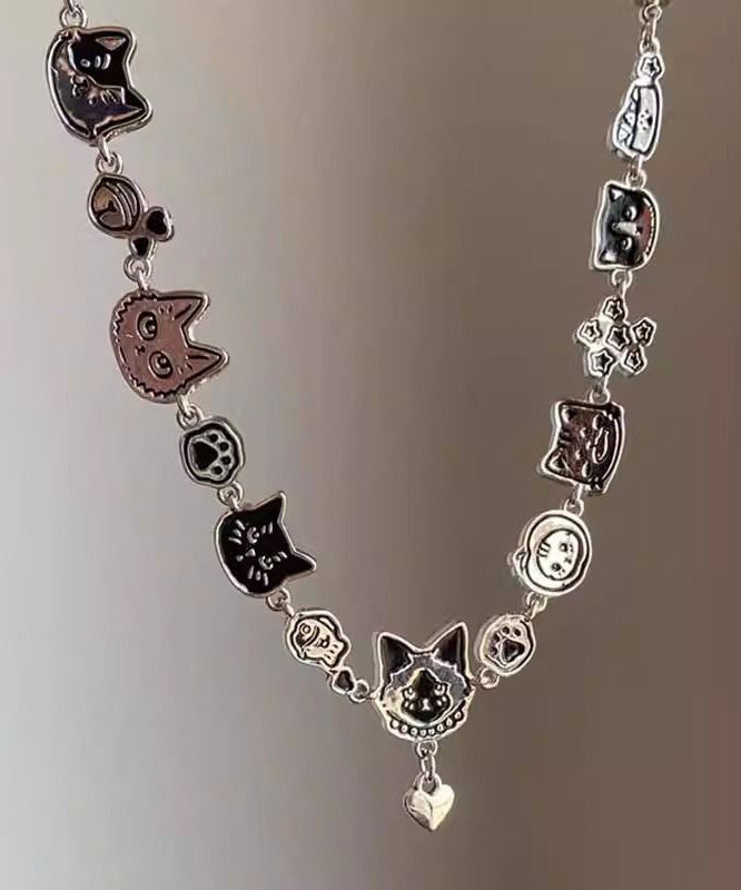 Necklace Cat Pendant Graffiti Black Handmade Alloy