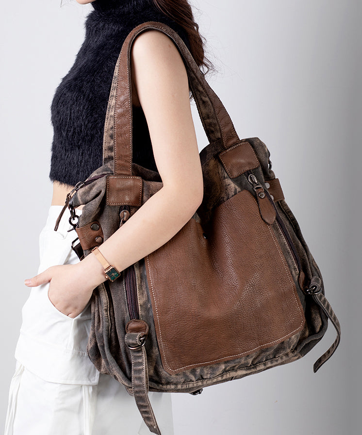 Sac messager en similicuir patchwork en toile noire fait main UU1071