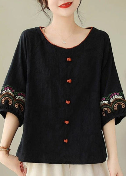 Handmade Half Sleeve Tops Black Embroidere Patchwork