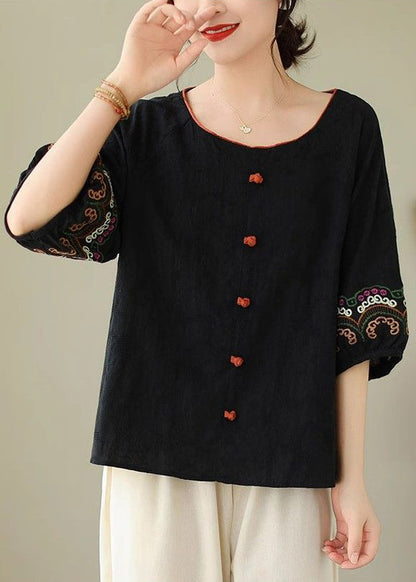 Handmade Half Sleeve Tops Black Embroidere Patchwork