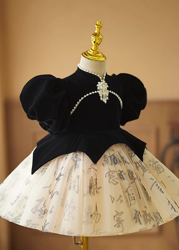Tulle Patchwork Black Long Floral Girls Dresses Short Handmade