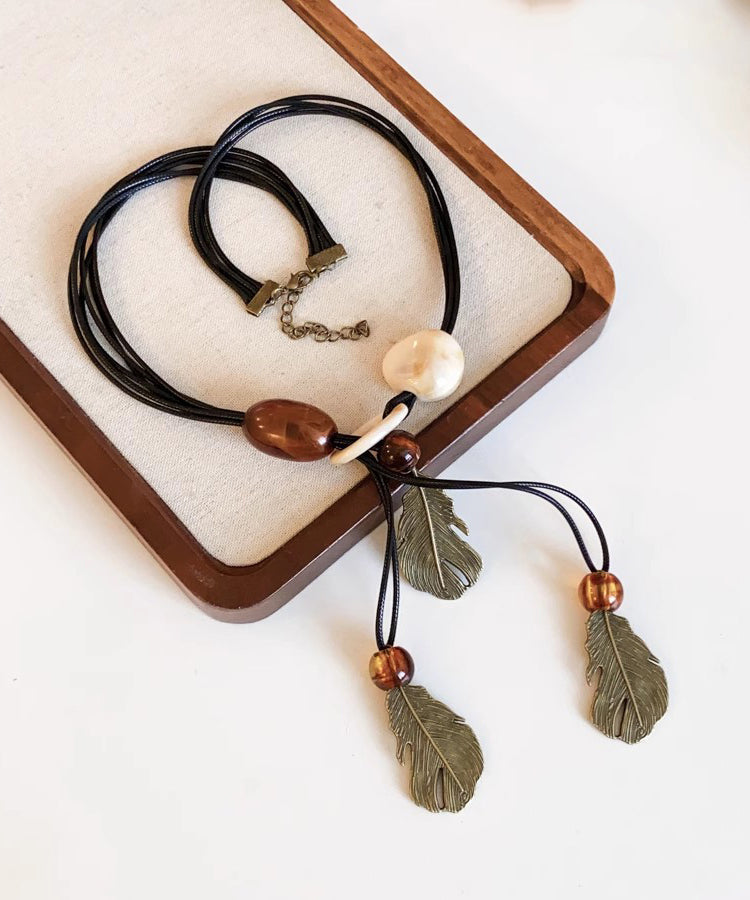 Leather Rope Tassel Necklace Black Pendant Leaf Handmade Beading