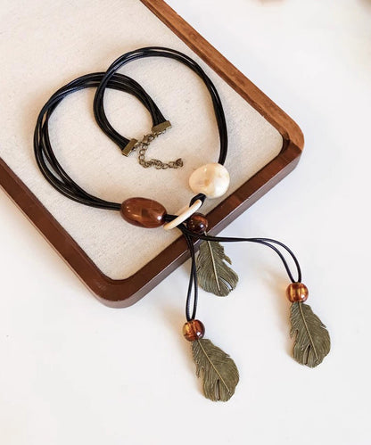Leather Rope Tassel Necklace Black Pendant Leaf Handmade Beading
