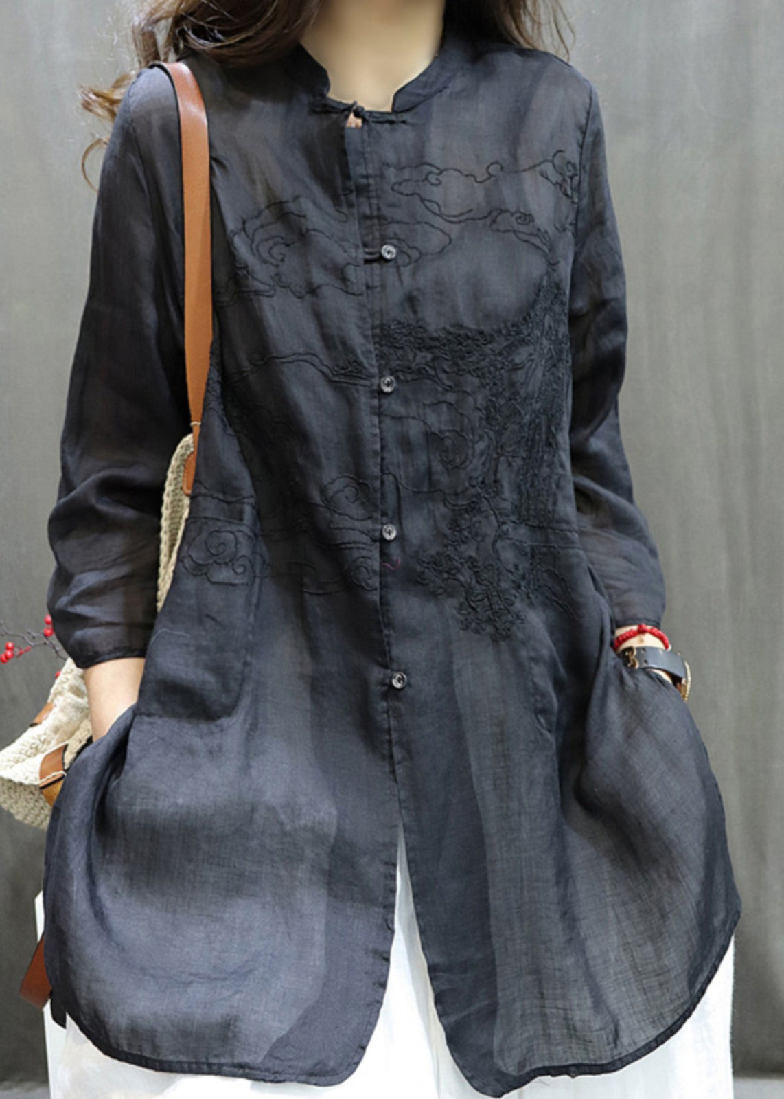 Handmade Black O-Neck Embroidered Button Shirt Long Sleeve UU049