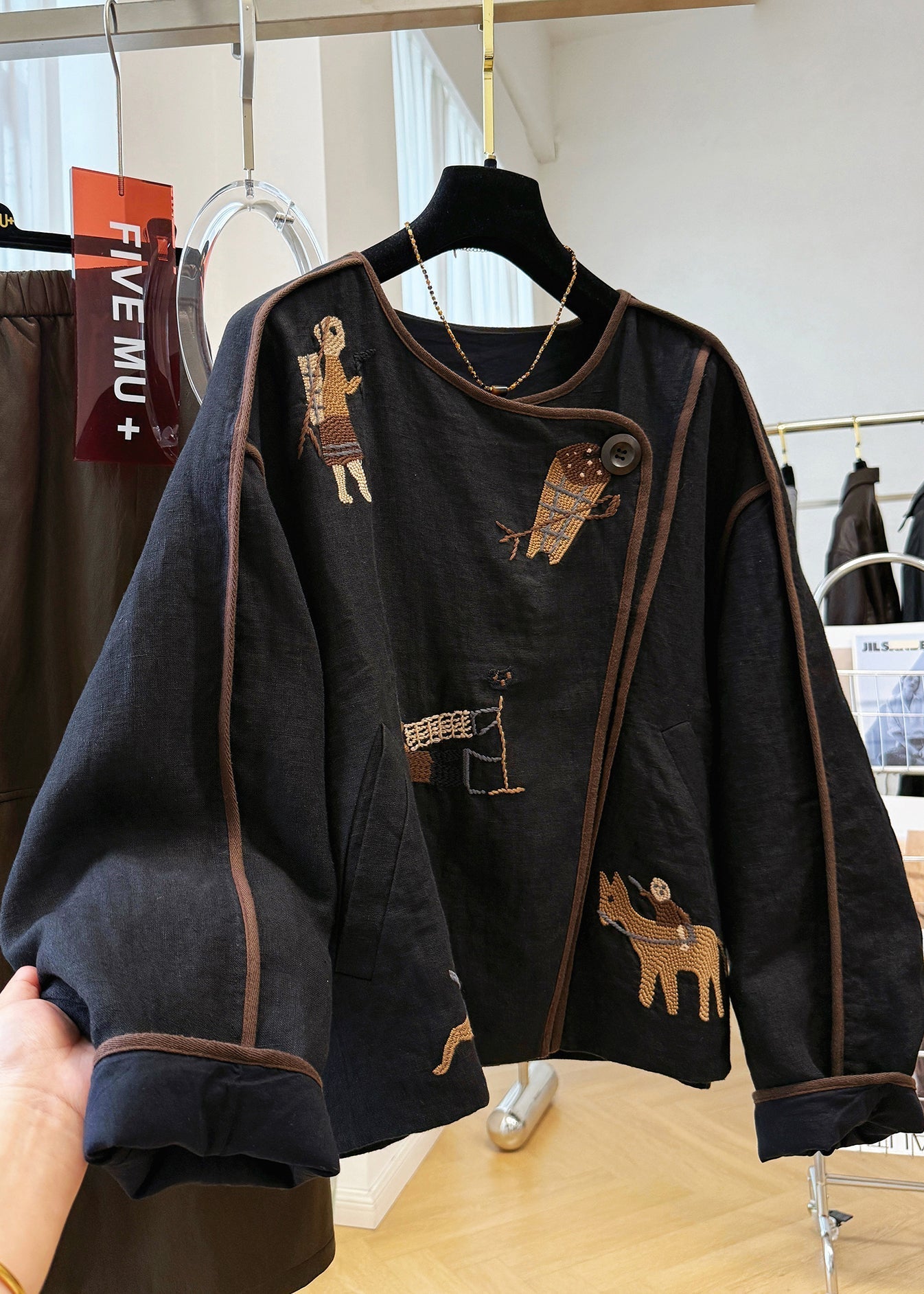 Black Fall O Neck Coat Handmade Linen Patchwork Embroidered