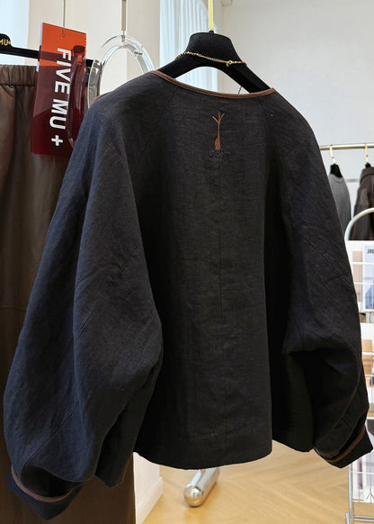 Black Fall O Neck Coat Handmade Linen Patchwork Embroidered