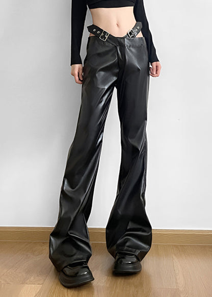 Handmade Black Patchwork Faux Leather Pants Spring YP031