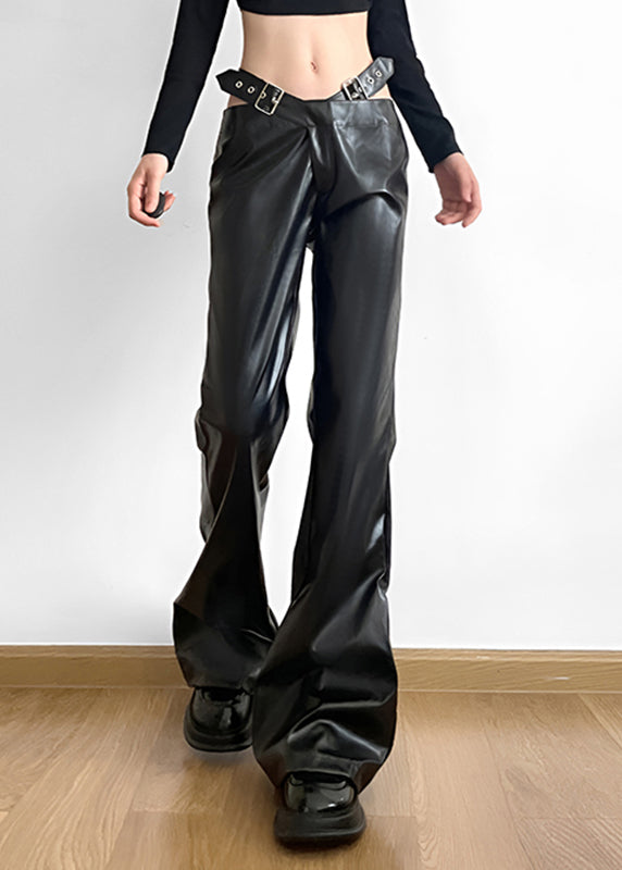 Handmade Black Patchwork Faux Leather Pants Spring YP031