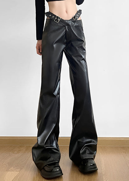 Handmade Black Patchwork Faux Leather Pants Spring YP031