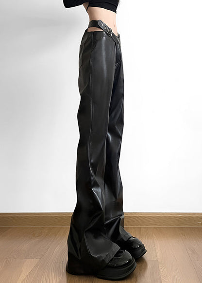 Handmade Black Patchwork Faux Leather Pants Spring YP031