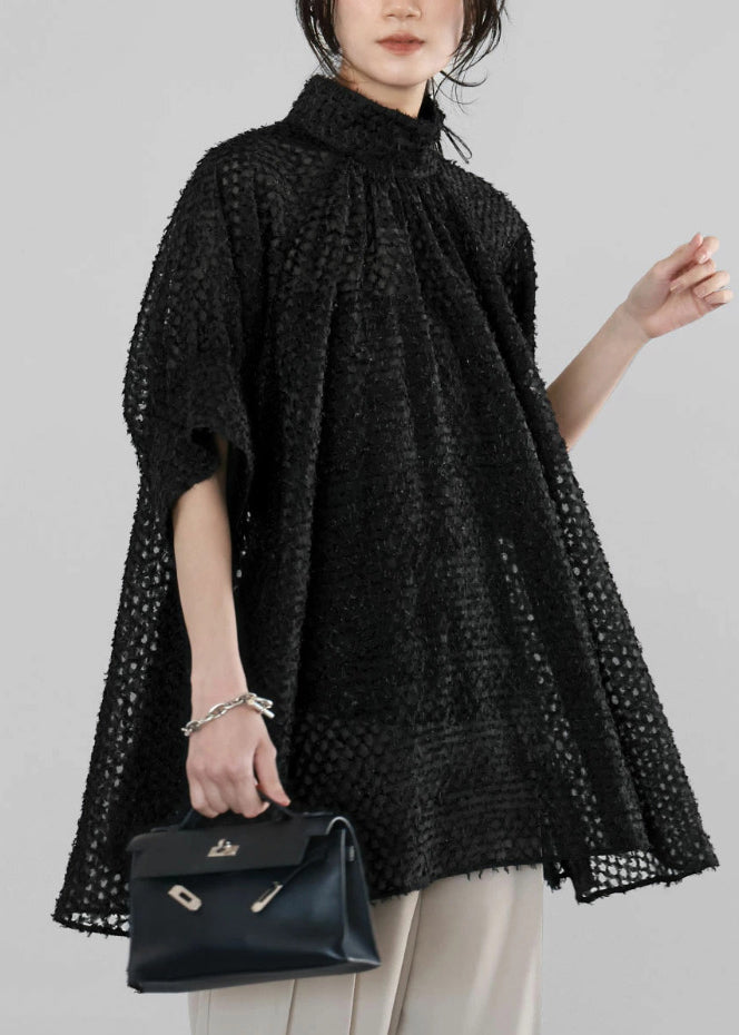 Handmade Tulle Black Half Shirt Sheer Sleeve Collar Stand