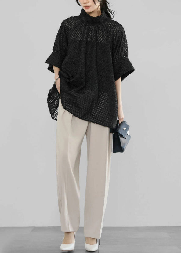 Handmade Tulle Black Half Shirt Sheer Sleeve Collar Stand