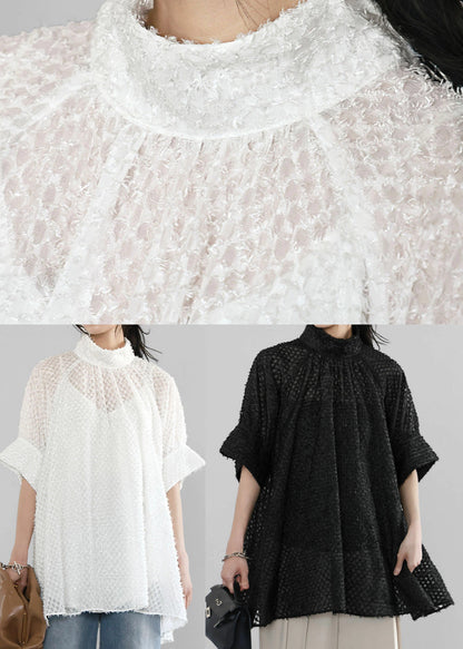 Handmade Tulle Black Half Shirt Sheer Sleeve Collar Stand