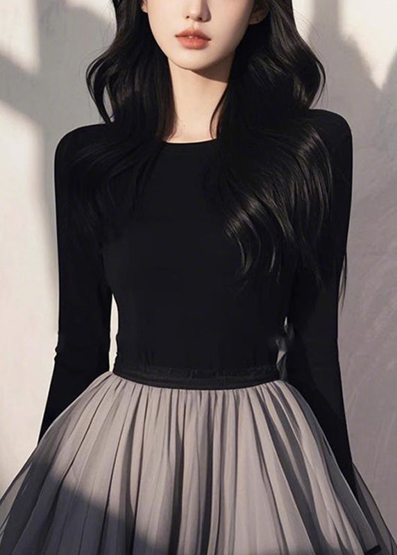 Wrinkled Black Patchwork Tulle Handmade Long Spring Dress