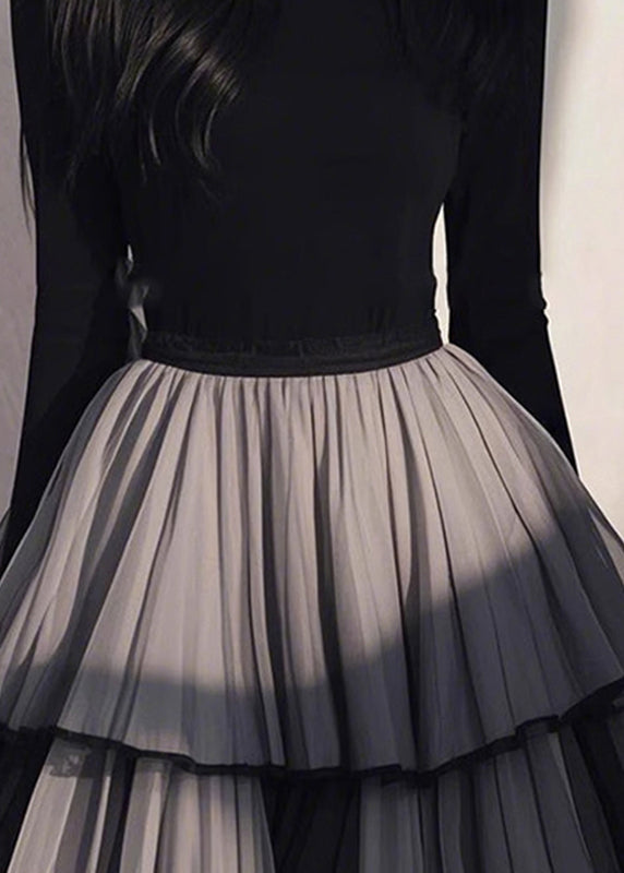 Wrinkled Black Patchwork Tulle Handmade Long Spring Dress