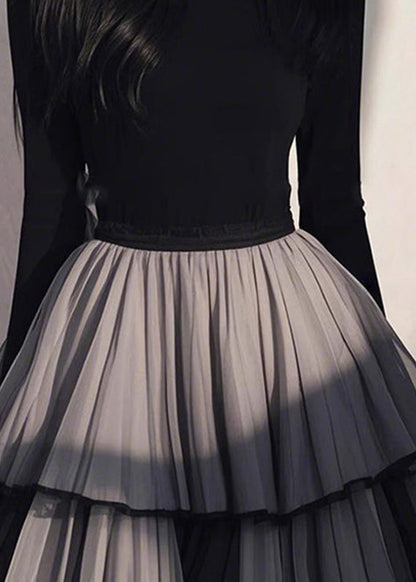 Wrinkled Black Patchwork Tulle Handmade Long Spring Dress