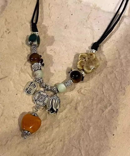 Handmade Ceramics Weave Pendant Beads Necklace Alloy Black