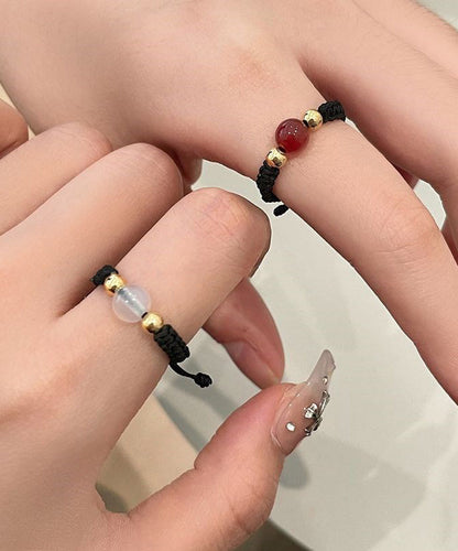 Rings Agate Three-Piece Black Handmade Weave Coin Copper Crystal