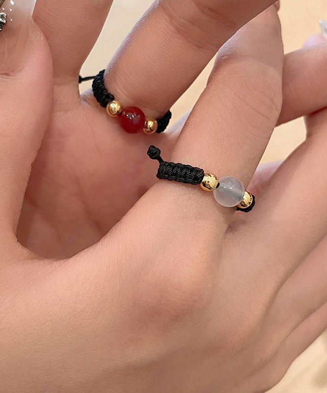 Rings Agate Three-Piece Black Handmade Weave Coin Copper Crystal