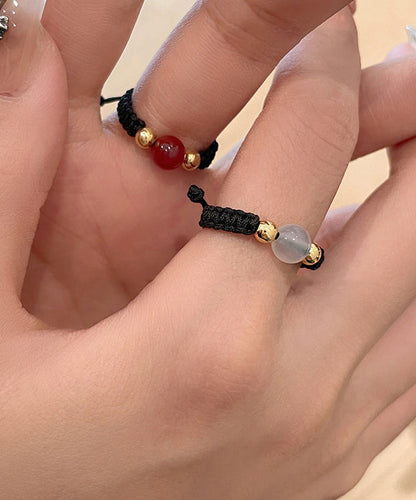 Rings Agate Three-Piece Black Handmade Weave Coin Copper Crystal