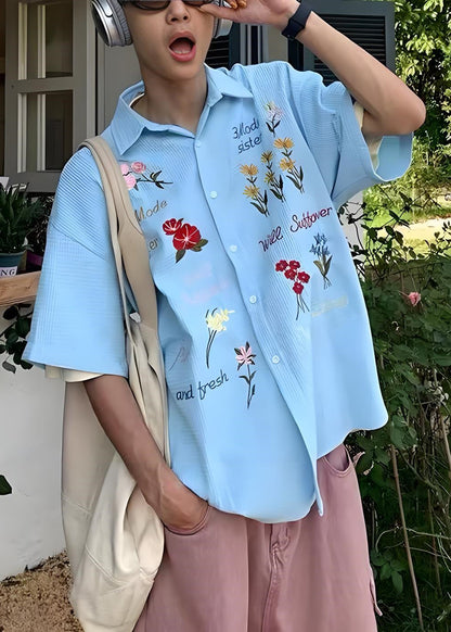 Handmade Cotton Embroideried Mens Blue Shirt Plaid Summer