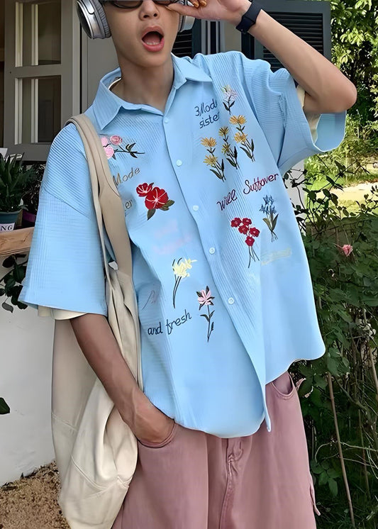 Handmade Cotton Embroideried Mens Blue Shirt Plaid Summer