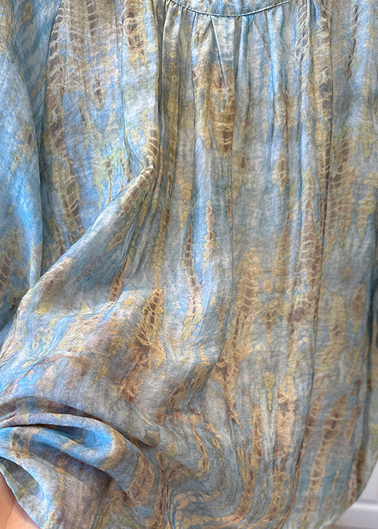 Bracelet Tie Handmade Neck Top O Dye Blue Sleeve Chiffon