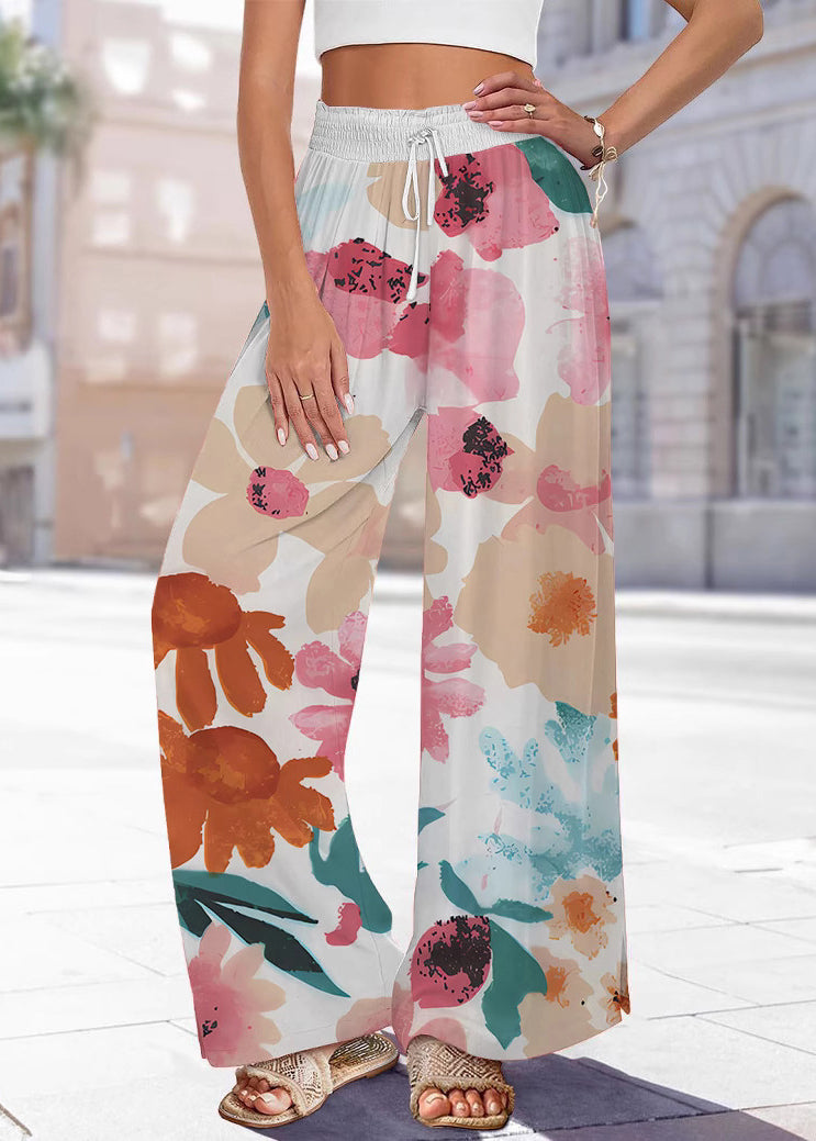 Pants Leg Waist Print Blue Summer Elastic Handmade Wide