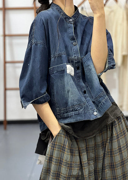 Handmade Blue Stand Collar Button Denim Coat Half Sleeve UU041