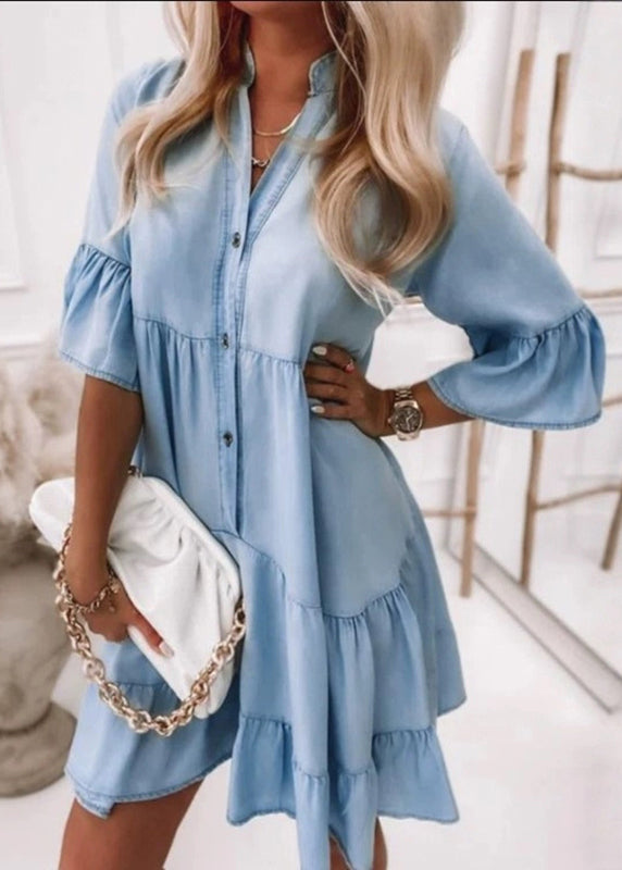 Denim Dresses V Handmade Vacation Mid Flare Neck Patchwork Blue