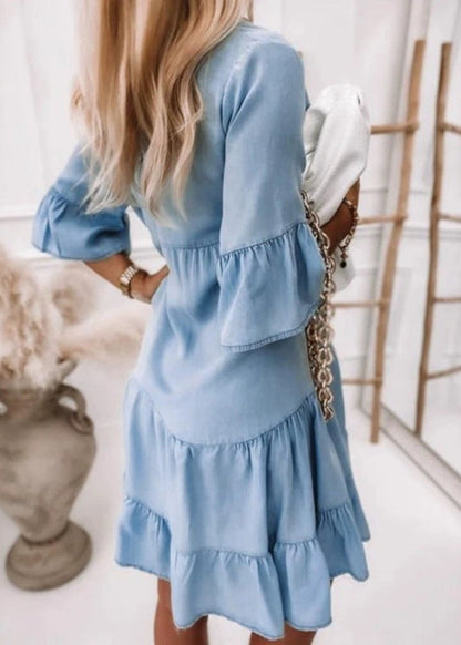 Denim Dresses V Handmade Vacation Mid Flare Neck Patchwork Blue