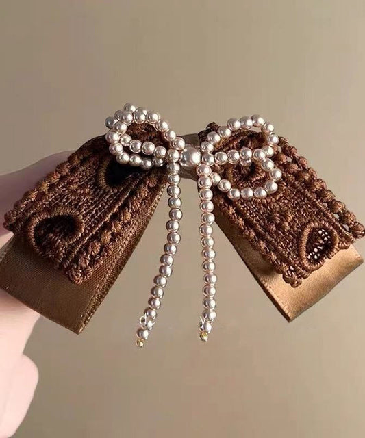 Hairpin Handmade Bow Fabric Pearl Art Brown