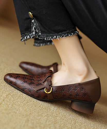 Leather Cowhide Pointed Feet Toe Handmade Shoes Flat Brown