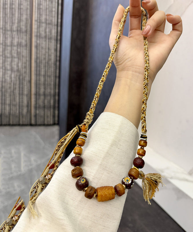 Handmade Brown Hand Woven Old Coloured Glaze Tassel Gratuated Bead Necklace QD011