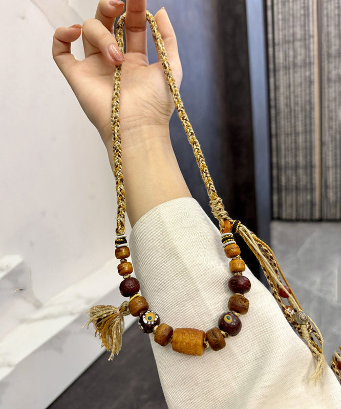 Handmade Brown Hand Woven Old Coloured Glaze Tassel Gratuated Bead Necklace QD011