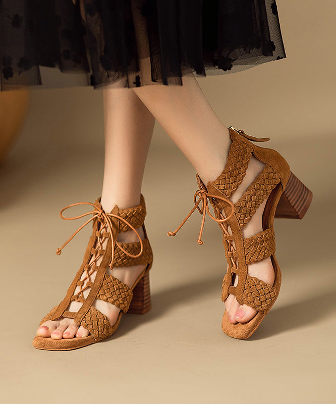 Hollow Brown Lace Out Sandals Chunky Splicing Handmade Boots Up