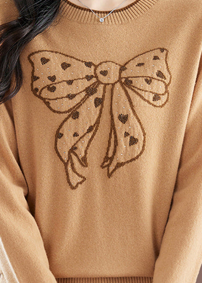 Handmade Camel O-Neck Embroidered Bow Thick Cotton Knit Sweaters Winter TE037