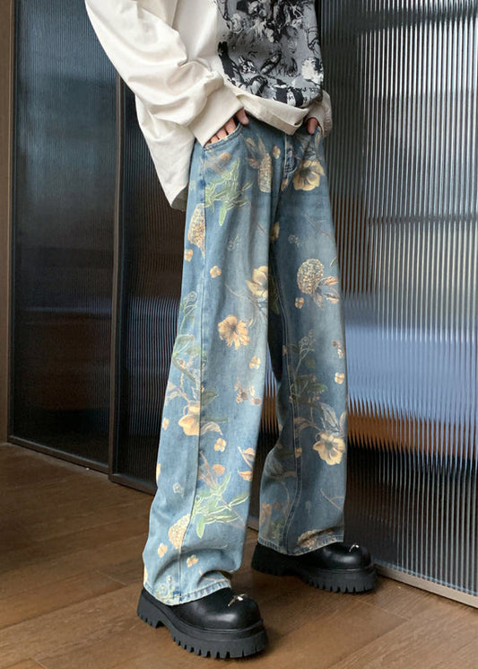 Pantalon d'été en denim bleu fait main avec poches imprimées pour homme GEM554