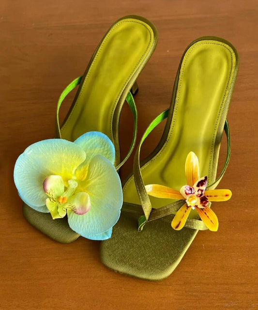 Floral Flip Stiletto Heels Silk Asymmetrical Flops Handmade Green