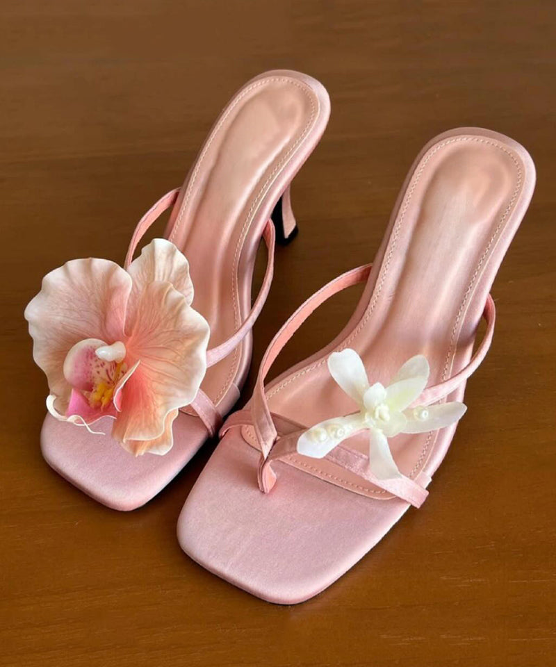 Floral Flip Stiletto Heels Silk Asymmetrical Flops Handmade Green