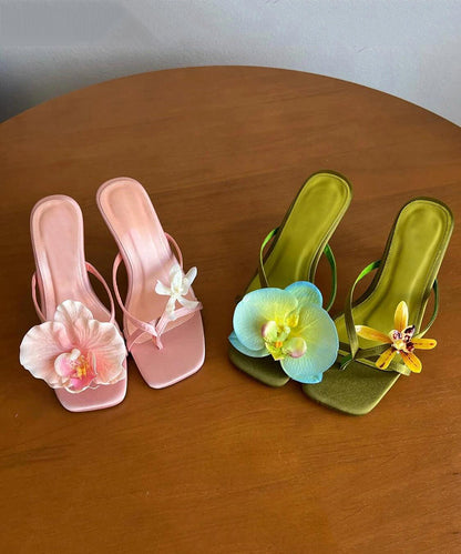 Floral Flip Stiletto Heels Silk Asymmetrical Flops Handmade Green