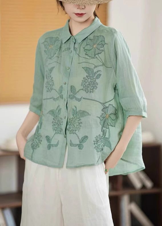 Shirt Half Handmade Sleeve Button Green Linen Embroidered