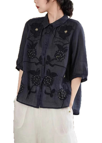 Shirt Half Handmade Sleeve Button Green Linen Embroidered