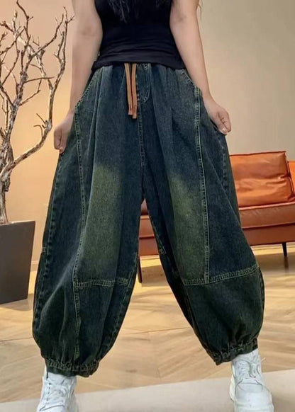 Pockets Waist Lantern Elastic Handmade Patchwork Green Pants