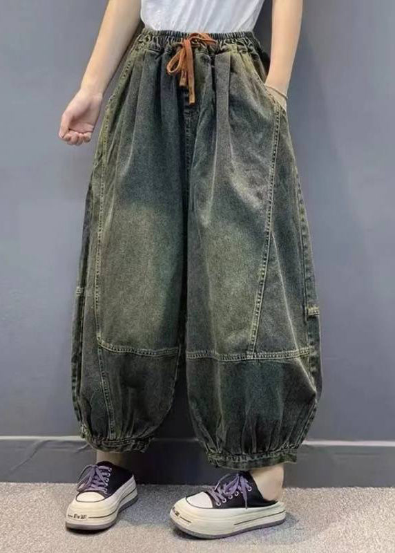 Pockets Waist Lantern Elastic Handmade Patchwork Green Pants