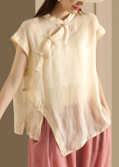 Button Top Green Collar Linen Handmade Stand Summer