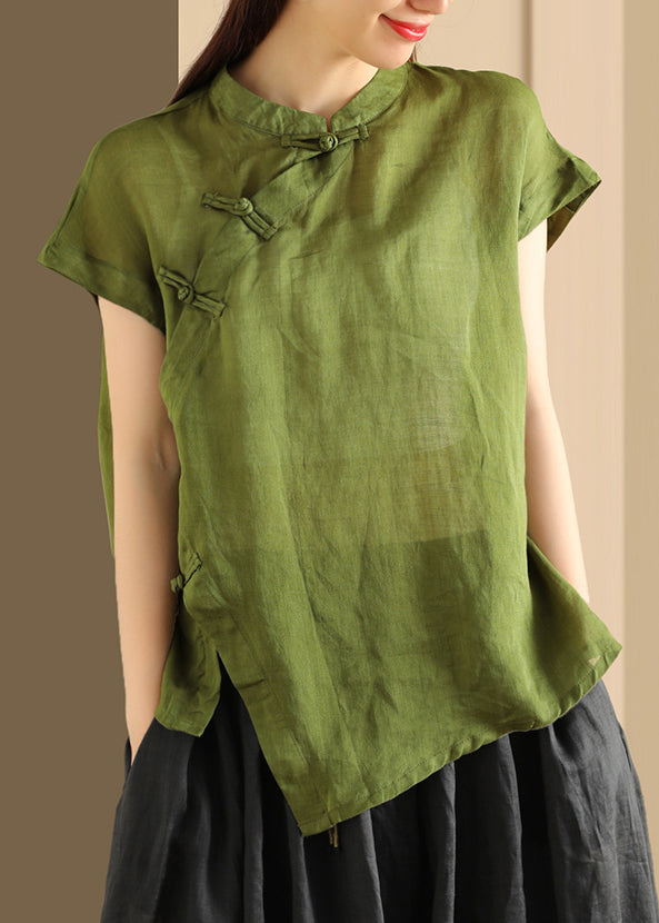 Button Top Green Collar Linen Handmade Stand Summer