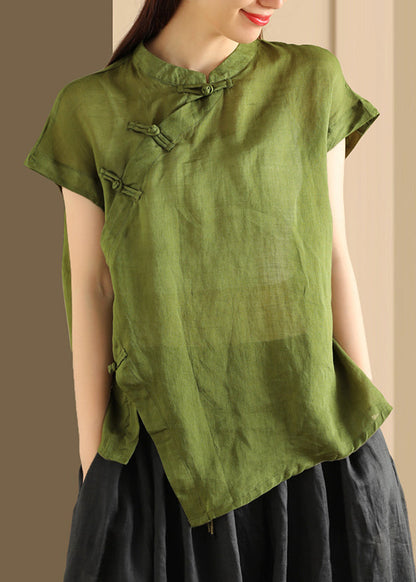 Button Top Green Collar Linen Handmade Stand Summer