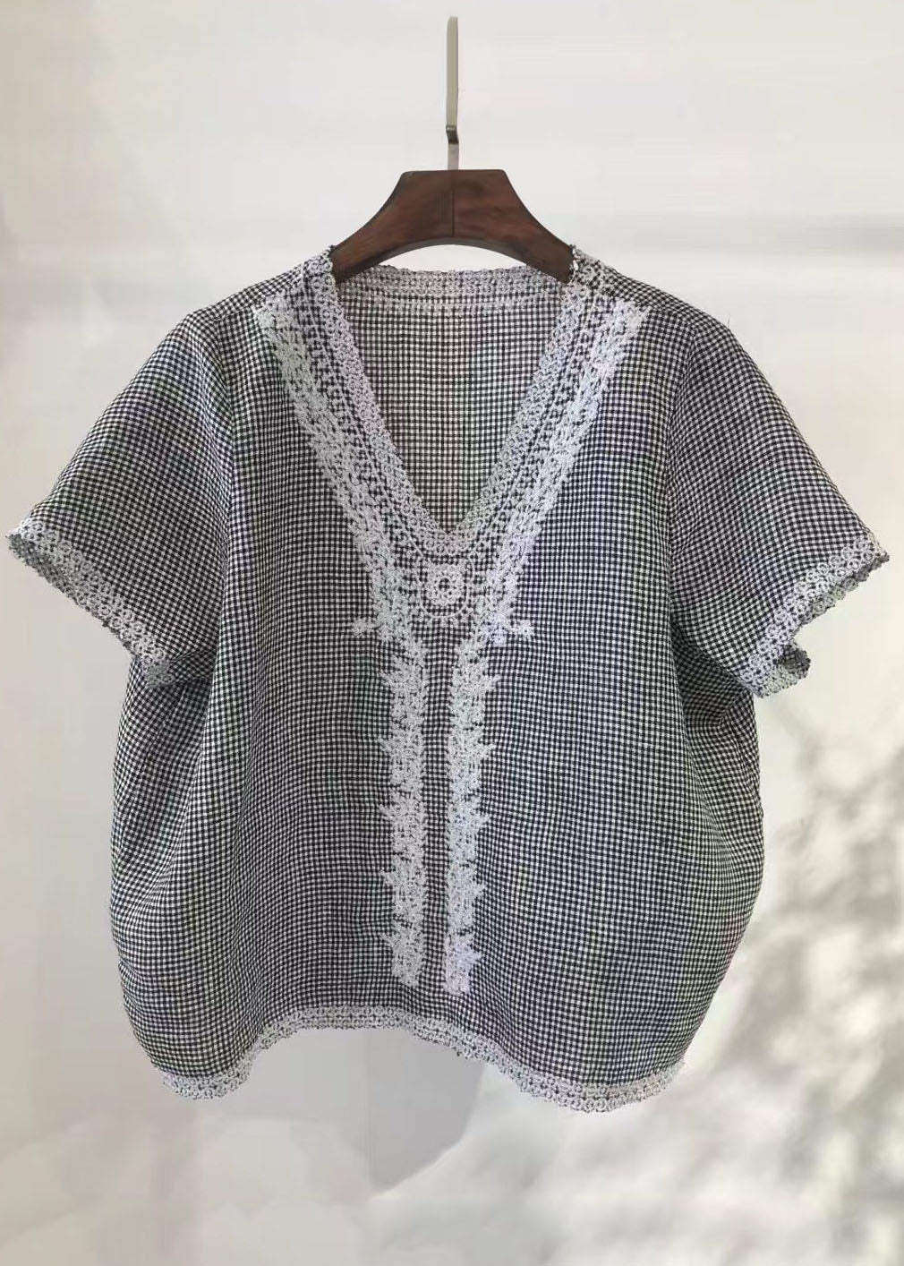 Embroideried Plaid Vest Linen Beach Summer Handmade Grey
