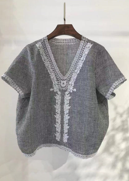 Embroideried Plaid Vest Linen Beach Summer Handmade Grey